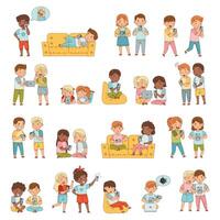 Children playing and using devices together vector