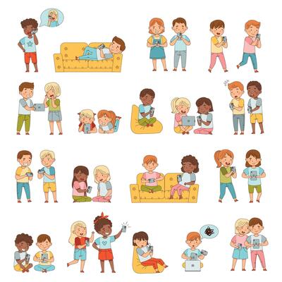Kids with Smartphone and Tablet Browse in the Internet Set