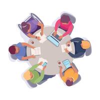 Team meeting at round table with laptops vector