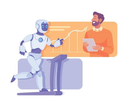 robot interactuar con hombre en negocio proceso como inteligente androide asistente máquina ilustración vector
