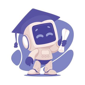 robot personaje en graduación sombrero como inteligente androide asistente máquina ilustración vector