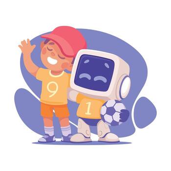 robot personaje jugar fútbol americano con chico como inteligente androide asistente máquina ilustración vector