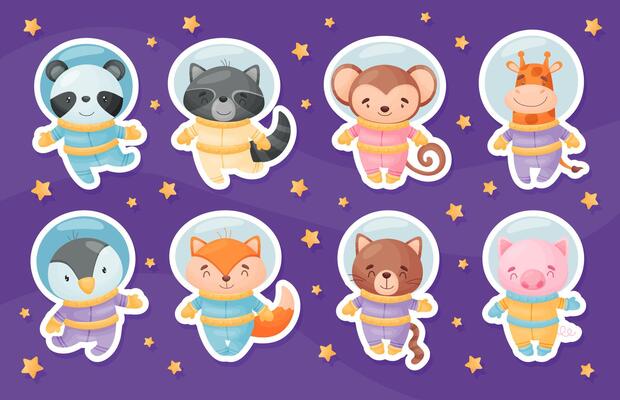 Space Animal in Spacesuit in Starry Sky Set
