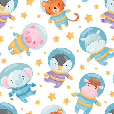 Space Animal in Spacesuit Seamless Pattern Design Template