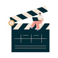 Man Sit on Clapperboard with Laptop at Shooting Film Movie Production Scene Illustration vector