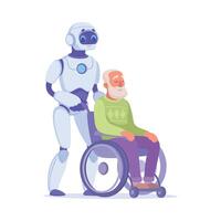 Robot Push Wheelchair with Senior Man as Smart Android Assistant Machine Illustration vector