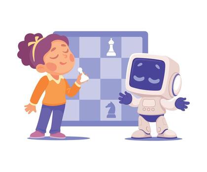 robot personaje jugar ajedrez con niña como inteligente androide asistente máquina ilustración vector
