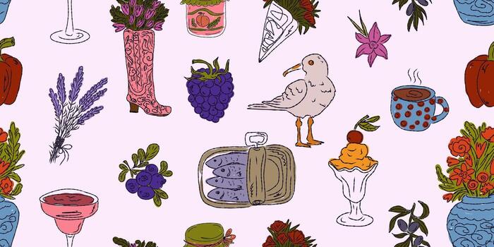 a pattern with various items including a bird, a bird, a bird, a bird, a vector