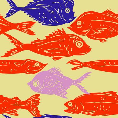 a group of fish on a yellow background