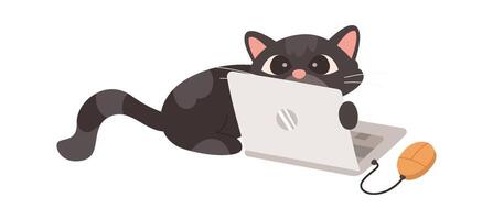 Lazy cat with laptop and computer mouse flat icon vector