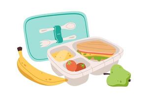 School lunch box flat icon Sandwich, banana and apple vector
