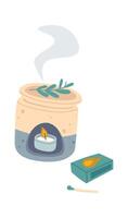 Aroma lamp with burning candle and matchbox Aromatherapy flat icon vector