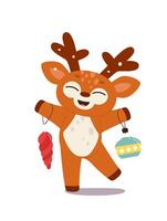Cute cartoon christmas reindeer with toys flat icon Winter holiday vector