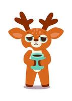 Sad cute cartoon christmas reindeer with hot drink flat icon vector