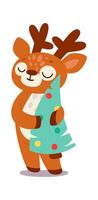 Cartoon reindeer with Christmas tree flat icon vector