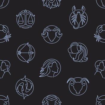 Monochrome seamless pattern with Zodiac signs drawn with contour lines on black background. Backdrop with horoscope symbols. illustration in linear style for wrapping paper, textile print. vector