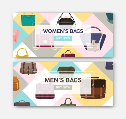 Bundle of horizontal web banner templates with men's and women's bags and handbags. Bright colored flat illustration for fashionable accessories store or luxury boutique promotion, advertising.