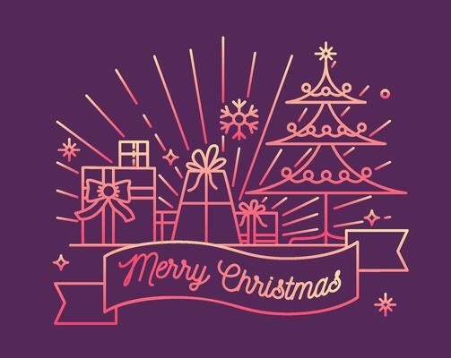Horizontal greeting card or postcard template with Merry Christmas wish on ribbon, decorated spruce tree and festive gifts. Elegant illustration in line art style for holiday celebration.