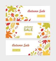 conjunto de otoño horizontal web bandera plantillas con caído árbol hojas y ramitas con bayas en blanco antecedentes. plano brillante de colores ilustración para estacional rebaja anuncio publicitario, promoción. vector
