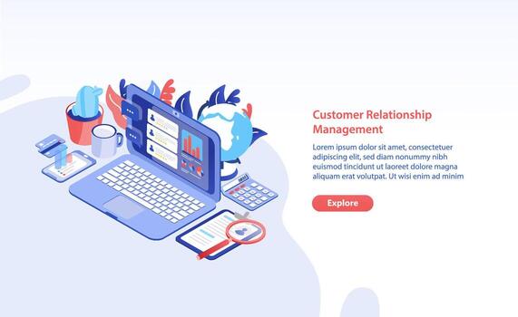 Horizontal web banner template with laptop, tablet pc and smartphone on table and place for text. Customer relationship management, service feedback, audience retention analysis. illustration. vector