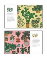 Bundle of horizontal banner or flyer templates with houseplants growing in pots and place for text. illustration for home gardening store or plant cultivation shop advertisement or promotion. vector