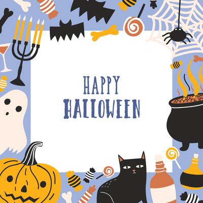 Square greeting card or postcard template decorated with frame consisted of spooky creatures, Jack-o'-lantern, sweets and Happy Halloween wish. Colorful illustration in flat cartoon style.