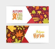 haz de otoño bandera, descuento vale o cupón plantillas con caído árbol hojas y bayas en blanco antecedentes. plano brillante de colores ilustración para estacional rebaja promoción, publicidad. vector