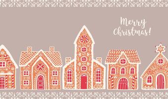 Horizontal background with traditional gingerbread houses and Merry Christmas lettering. Festive backdrop decorated by baked sweet products. Holiday colorful illustration in flat cartoon style. vector