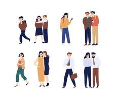 Collection of men and women gossiping, spreading rumors, talking and whispering. Bundle of funny cartoon characters isolated on white background. Bright colored illustration in flat style. vector