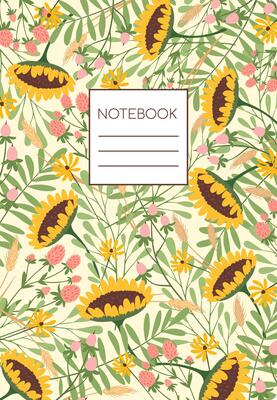 Notebook cover design featuring a lively floral pattern filled with sunflowers, leaves, and clovers, radiating a joyful summer vibe and celebrating the beauty of nature