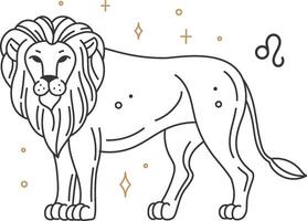 Minimalist line art illustration featuring a proud lion with flowing mane and tail, surrounded by golden stars and crosses, symbolizing strength and leadership vector