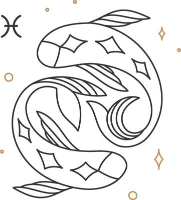 Pisces zodiac sign forming ying and yang symbol with decorative stars and moon crescents, black and white minimal line art with gold details representing astrology, spirituality, and balance