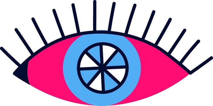 Colorful stylized eye featuring long eyelashes and a segmented pupil gazes straight ahead, creating a visually captivating and artistic expression that draws attention vector