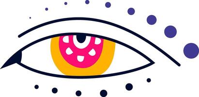 Colorful stylized eye looking right on white background with purple and black dots around, ideal for projects related to vision, sight, observation, or spirituality vector
