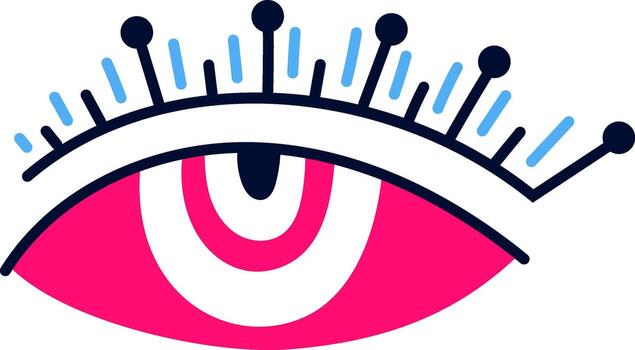 Pink winking eye with long eyelashes and blue accents gazing at something intriguing against a clean white background, capturing attention with its vibrant and playful expression vector