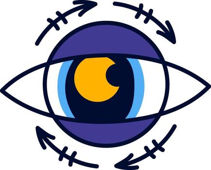 Stylized eye with rotating arrows around it, representing concepts such as vision, perception, observation, point of view, and vigilance in a simple yet effective visual metaphor vector