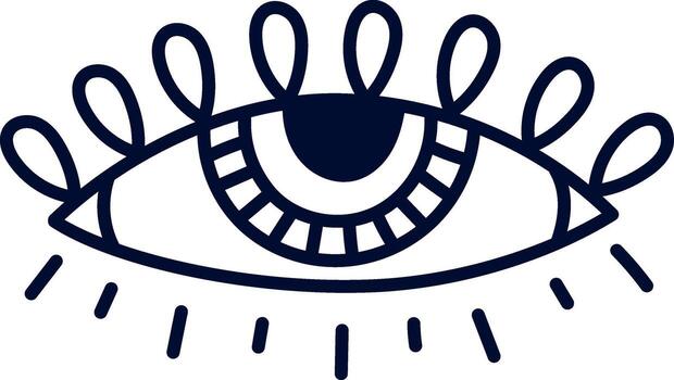 Stylized eye with long eyelashes radiating beams of light, gazing directly at the viewer. Simple illustration, featuring an isolated design on a clean white background vector