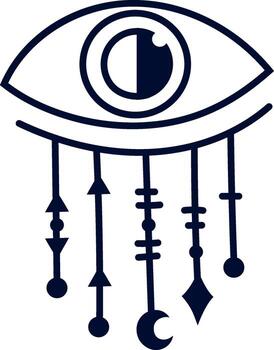 Eye is watching with hanging arrows, moon and geometric shapes, forming a mystical and esoteric symbol, suitable for spiritual and boho designs vector