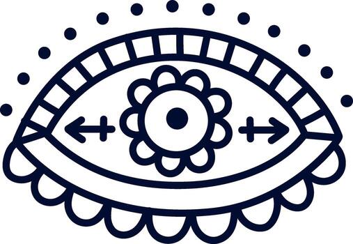 Simple eye drawing with flower shaped pupil and arrows pointing to opposite directions, decorated with dotted lines and scallops, representing concepts like vision, spirituality, and guidance vector