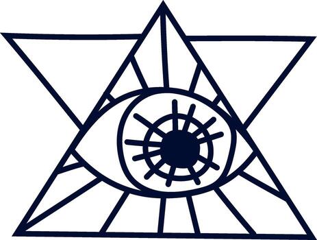 Hand drawn illustration of an eye with radiating light beams, positioned within two intersecting triangles, creating a symbolic and mystical representation vector