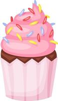 Pink cupcake adorned with colorful sprinkles, sitting temptingly at a birthday party or any festive celebration, ready to bring joy and sweetness to the occasion vector