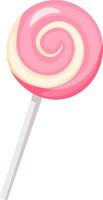 Round candy featuring a delightful pink and white swirl pattern on a stick captivates with its sugary charm, appealing to both children and adults alike. Perfect for indulgent moments. vector