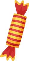 Red and yellow striped hard candy wrapped in shiny foil with jagged edges, resting against a clean white background, highlights its vibrant colors and tempting sweetness vector