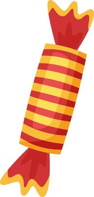 Red and yellow striped hard candy wrapped in shiny foil with jagged edges, resting against a clean white background, highlights its vibrant colors and tempting sweetness