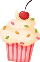 Creamy vanilla cupcake topped with vibrant sprinkles and a fresh cherry, embodying a delightful sense of sweetness and indulgence, perfect for celebrations and special occasions vector