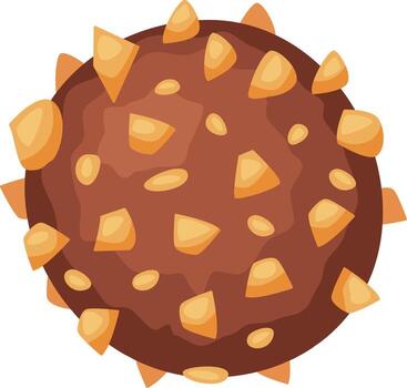 Round chocolate candy with caramel pieces and spikes rotating on white background, creating a delicious and visually appealing treat for candy lovers vector