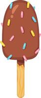 Delicious chocolate ice cream bar on a wooden stick, generously coated in colorful sprinkles, creating a festive treat, isolated against a clean white background vector