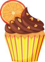 Single, whole cupcake decorated with chocolate frosting, crunchy nuts, and a slice of orange, creating a sweet and visually appealing treat vector