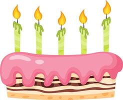 Deliciously layered birthday cake featuring pink icing cascading down the sides, adorned with five lit green candles, perfect for celebrating a joyful occasion or special event vector
