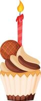Single cupcake with a burning candle, decorated with a round waffle and a swirl of chocolate and peanut butter cream, celebrating a birthday or special occasion vector